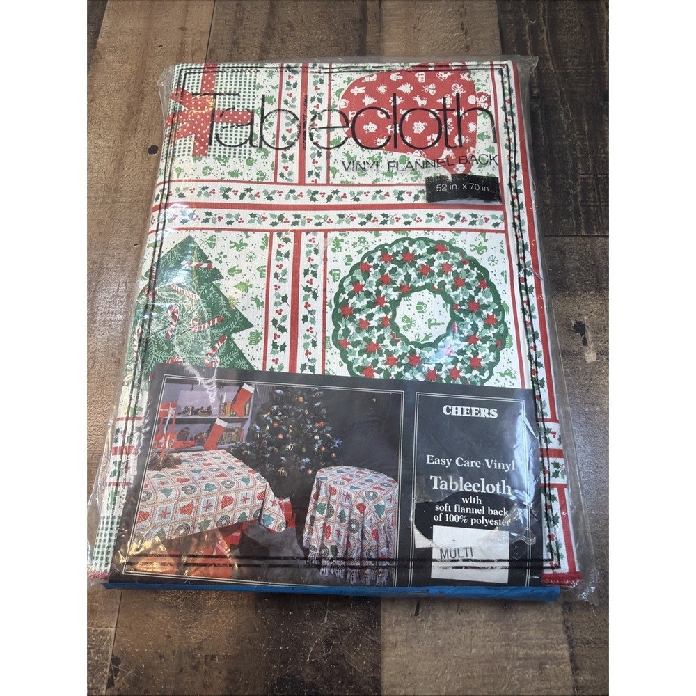 Vintage 1970s Christmas Tablecloth 52x70 Oblong Vinyl Flannel Cheers Holiday New
